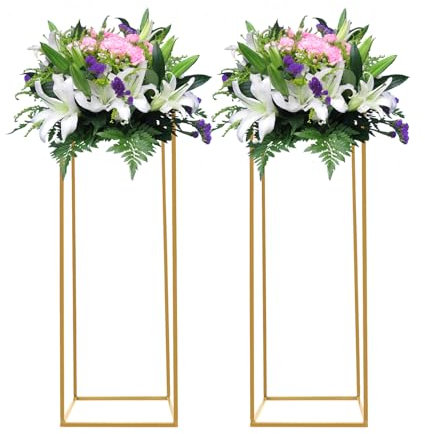Xingfx 2er-Set Hochzeit Blumenständer Gold Pflanzensäule Rechteckige Pflanzenstand Satztisch Pflanztisch Metallständer für Hochzeitsdekorationen, Partys, Geburtstage, 28 x 28 x 80cm