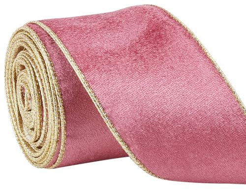 HOBBIESAY Nastro di velluto rosa con retro metallico dorato, larghezza 63 mm, nastro natalizio in velluto riccio, 9,14 m, per ghirlande di alberi di Natale, forniture fai da te, fiocchi e nodi