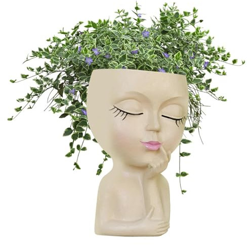 Gesichts-Blumentopf – Blumentopf mit menschlichem Gesicht, Blumentopf für Innen- und Außenbereich, Kunstharz, Sukkulenten-Übertopf mit Drainageloch, niedliche Damengesicht-Pflanztöpfe