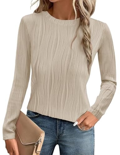 Gemulate Tops for Women Trendy Dressy Long Sleeve Ladies Fall Winter Clothes Crewneck Solid Basic Womens Clothing Loose Textured Blouses Outfits Beige M