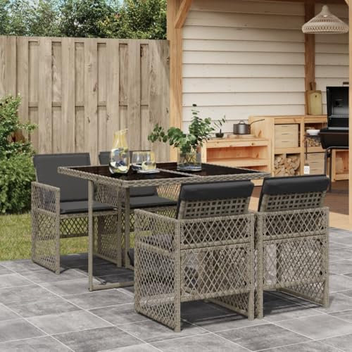 ShGaxin 5-TLG. Garten-Essgruppe mit Kissen Grau Poly Rattan, Esstisch Mit Stühlen Set, Gartenmöbel Sitzgruppe, Balkon Möbel, Gartenlounge Set, Terrassenmöbel, Balkonmöbel Set - 3210716