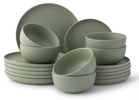 JoyJolt Mesa Stoneware Dinnerware Set, 18-Piece Plates and Bowls Sets, Includes Dinner - Salad and Cereal and Soup Bowls, Modern Farmhouse Matte Sage Green Dish Set for 6