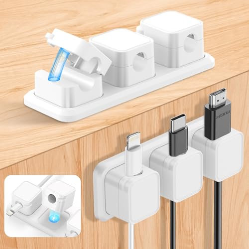 Alaoo Clips Câble Organisateur Bureau, 6 Pcs Organisateurs de Câbles Magnétiques avec 2 Pcs Base Fixe, Range Câbles Silicone Fixe pour Câbles de Chargeur/Souris/Écouteur/Ustensiles de Cuisine, Blanc