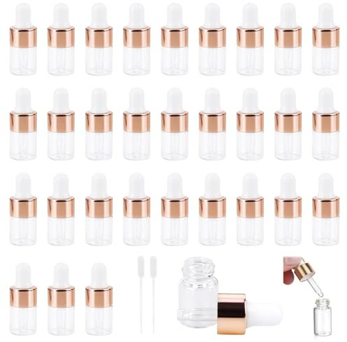 XCRPRT Lot de 30 mini bouteilles à pipette en verre transparent de 2 ml avec compte-gouttes, flacon compte-gouttes, flacon en verre pour huile essentielle, aromathérapie, massage, huile de soin des