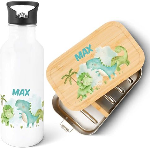 GRAVURZEILE - Bedruckte Trinkflasche & Brotdose Set - Dino - Personalisiert mit Namen - Edelstahl Trinkflasche 600 ml, Brotdose mit Deckel - Geschenk zur Einschulung für Jungen & Mädchen