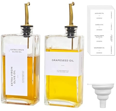 Gute 2Pcs Olive Oil Dispenser Bottles for Kitchen - 500ml Glass Oil & Coffee Syrup Dispenser Set with Weighted Drip-Free Pourer, Waterproof Labels & Silicone Funnel - Elegant Gold Cruets (16.9oz)