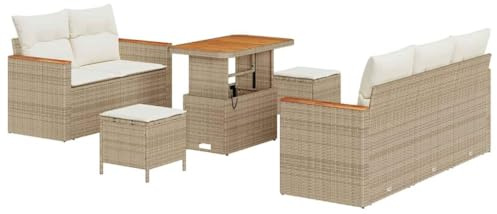 vidaXL Gartensofa-Set 8 pcs Beige Poly-Rattan, Garten und Terrasse, modernes Sofa-Set für draußen, Poly-Rattan Liege, Akazien-Holztisch, modulare Entspannung Möbel