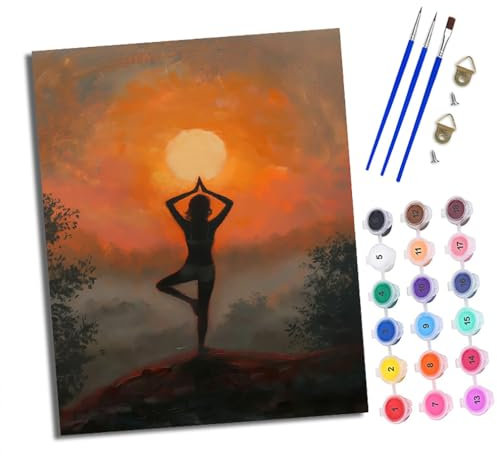 WJWWANG Malen Nach Zahlen ErwachseneMädchen macht Yoga bei Sonnenuntergang DIY Handgemalt Ölgemälde Kit für Anfänger und Erwachsene Mit 3-Pinseln und Acrylfarbe Ohne Rahmen 40X50CM