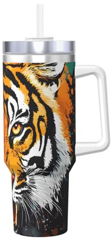 ZSUUGJ Tiger Oil Painting 40oz Insulated Tumbler with Handle and Straw Lid Insulated Travel Mug, Coffee Cup, Reusable Water Bottle, Ideal for Car, Work, Gift