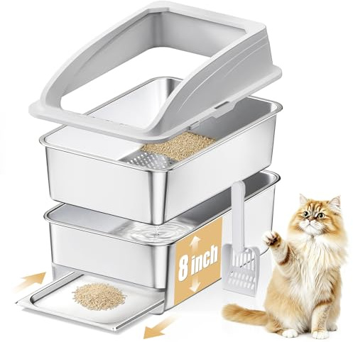 APPKER 23.6x15.7x13.78 Stainless Steel Sifting Litter Tray, XXL Sifting Cat Litter Box for Pine Pellets with 8 Deep Pan, High Sides Metal Litter Box for Big Cats, Easy-to-Clean
