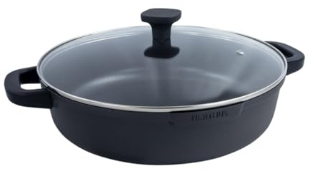 NERTHUS FIH 1559 – Cacerola Baja de Aluminio Fundido con Revestimiento Antiadherente Quantanium – Apta para Inducción, Gas y Vitrocerámica – Tapa de Cristal con Válvula y Asas de Silicona Desmontables
