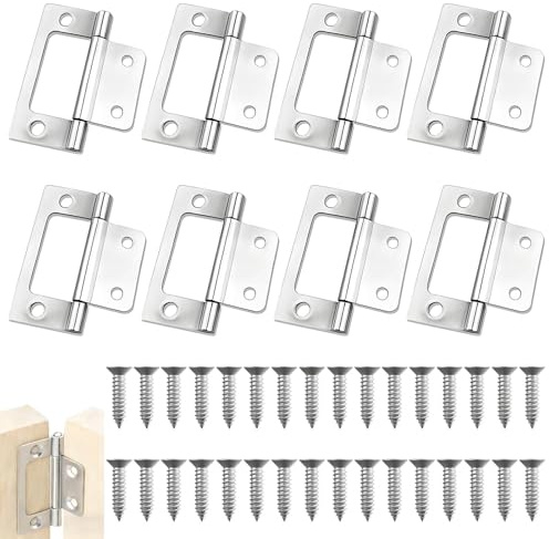 8pcs Flush Hinges, 2 Inch Silver Duty Flush Hinges, No Noise Cupboard Hinges for Doors, Cabinets, Dressers, Wardrobes，with 32 Screws