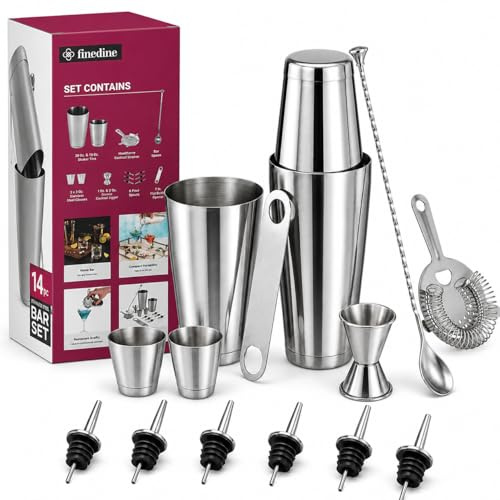 Cocktail Shaker Set 14 Piece, Stainless Steel Cocktail Making Kit with Boston Shaker Tins, Jigger, Hawthorne Strainer, Bar Spoon, Shot Glasses & Pourers, Bartender Kit for Home Bar, Parties & Gifts