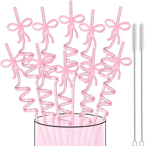 Nymora Pink Bow Curly Straws, 10 Reusable Plastic Bow-Shaped Straws with 2 Cleaning Brushes for Birthday Party Decorations