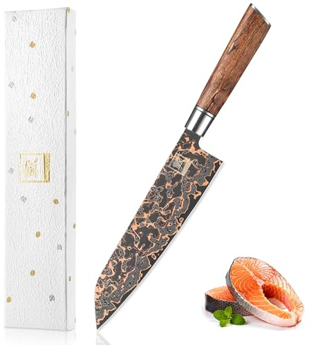 zayiko ShadowMagma Kiritsuke 20,5 cm, 73 Lagen Damaststahl mit VG10 Kern | Kupfer-Bronze-Einlage, schwarze Klinge, Griff aus massivem Apfelwurzelholz, 15° V-Schliff beidseitig, 60 ± 2 HRC, Geschenkbox