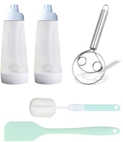 Domefahaso 2 1000ml Pancake Batter Dispenser Complete Baking Kit | Precise batter control bottle matched whisk spatula brush for pancake waffle muffin baking