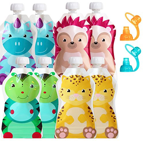 ChooMee Wiederverwendbare Baby Lebensmittel Quetschbeutel + 2 Sipn Ventil Tops 8 Ct, 5 Oz
