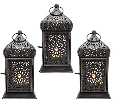 Laterne Metall Teelicht Orientalisch Zum Stellen und Hängen (Schwarz Set/3)