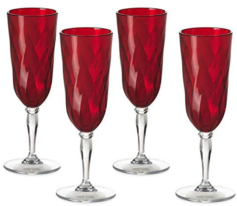 OMADA Design 4 Bicchieri Champagne in acrilico, Flutes per uso all'aperto, Lavabili in Lavastoviglie, Made in Italy, Linea Diamond, Rosso Rubino