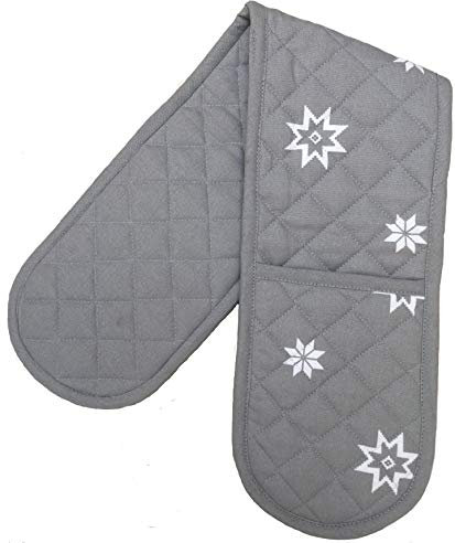 Double Oven Gloves - 84 cm x 18 cm x 1 cm, 1-Piece Oven Mitts for Cooking & Baking - Cotton, Machine Washable at 30° - Kitchen Essentials by Ragged Rose - (Grey Christmas Star)