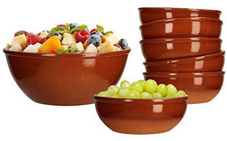 MamboCat Servier-Schüssel Tonware I Tonschale I 7er Set I 6X Größe S + 1x L I Mediterrane Schale I Glasiert I Unikat Handarbeit I Antike/Vintage I Mittelalter I Wikinger
