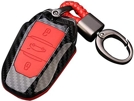 Happyit Coque en Fibre de Carbone ABS + Silicone Clé de Voiture Couverture Cas Porte-clés pour Peugeot 301 408 508 2008 3085 3008 307 206 3 Boutons (Rouge)