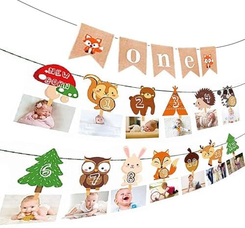 JeVenis Woodland First Year Fotobanner Wild One First Birthday Party Dekoration Waldtier 12 Monate Banner