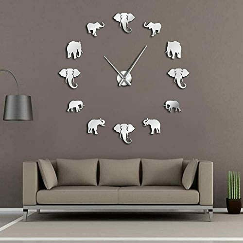Große DIY Elefant Wanduhr Spiegeleffekt Wanduhr 47 Zoll Riesige rahmenlose Elefant Uhr 3D Wanduhr Home Decor Modern Design Hängende Wandkunst (Silber)