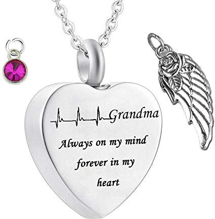 KnSam Edelstahl Urne Anhänger Halskette Engel Flügel Herz Asche Anhänger Mit Geburtsstein Kristallanhänger Elektrokardiogramm Always On My Mind Forever In My for Grandma Memorial Kette Silber