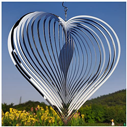 DJUAN 30,5 cm großer 3D-Spiegel aus Edelstahl, Windspiel, tolles Geschenk, für drinnen und draußen, Gartendekoration, Kunsthandwerk, Ornamente, silbernes Herz, Metall, Windskulptur