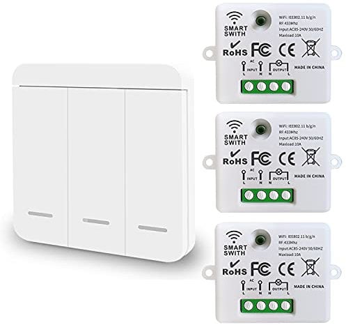DieseRC Mini interruttore WiFi wireless, telecomando relè RF 2500W 10A 3 ricevitori con 1 interruttore a parete wireless, controllo intelligente tramite telefono tramite APP Tuya, Alexa/Google Home