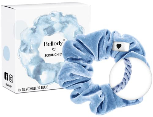Bellody® Scrunchies Samt – Samtig weich, starker Halt, Velvet Look, exklusive Farben (1 Stück - Seychelles Blue) - Haargummi Scrunchie in Blau