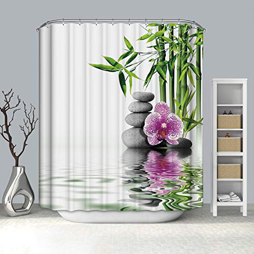 AMDXD Rideau Douche Blanc avec Crochet Rideau Douche Bambou Fleuri Rose,Rideau Douche Tissu Anti-Moisissure Rideau De Douche 120 x 180 CM