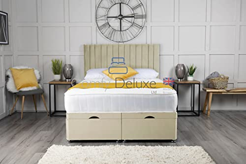Comfy Deluxe LTD Plush Velvet Ottoman Gas Lift Bed with Vertical Panel Apollo Headboard (5.0FT King Size (152cm X 201cm), Cream)
