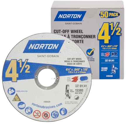 Norton Cut Off Wheels 50-Pack, 4 1/2 Inch High Performance Metal & Stainless Steel Cutting Disc, 7/8'' Arbor, Compatible with Angle Grinders