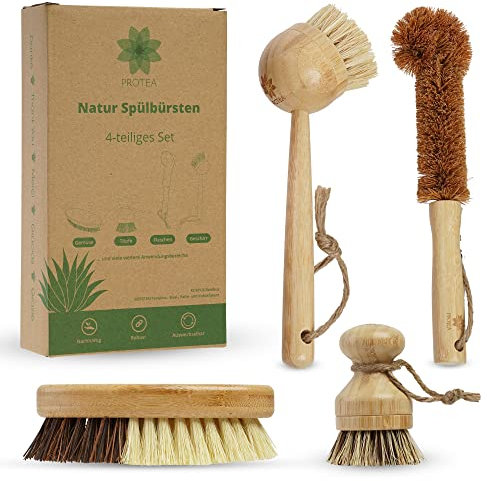 PROTEA Spülbürste mit Ersatzköpfen (4er Set) - nachhaltige Geschirrbürste - wiederverwendbar - aus Bambusholz und Naturfiber - Bürsten auswechselbar - Naturborsten