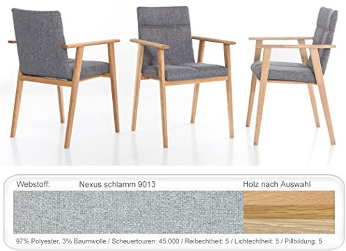 6X eleganter Armlehnstuhl Aranel mit Schwingrücken Esszimmerstuhl Massivholzstuhl Küchenstuhl Sessel Verschiedene Varianten, Holzart:Eiche Natur geölt, Bezugstoff:Nexus Schlamm