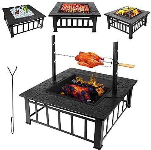 WIQUYBML Outdoor Outdoor Grill Camping Feuerstellen für Garten mit Pfosten Rotisserie, quadratische Feuerschalen mit Grill, 3 in 1 Outdoor Party BBQ Outdoor Grill Camping Feuerstelle Tisch/Heizungen/