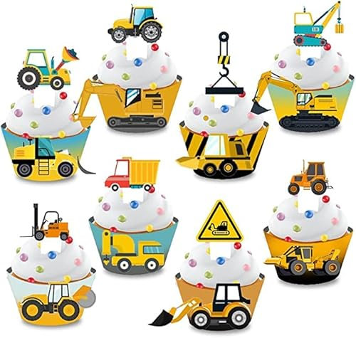 Cupcake-Topper und Wrapper, Set mit 24 Stück, Traktor, Bagger, LKW, Gabelstapler, Bulldozer, Straßenrolle, Thema für Kinder, Jungen, Happy Birthday, Babyparty, Partyzubehör