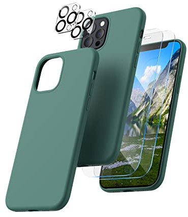 CALOOP 5 in 1 for iPhone 12 Pro Max Case 6.7,Liquid Silicone Case with 2 Pack Tempered Screen Protector + 2 Pack Camera Lens Protector,Slim Shockproof Phone Case with Microfiber Lining,Pine Green