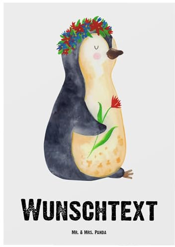 Mr. & Mrs. Panda Personalisierte Postkarte Pinguin Blumen - Geschenke, Bedrucken, Positiv, Geschenkkarte mit Namen, Blumenkranz, Ziele, Universum, Einladung, Grußkarte Wunschtext, Karte