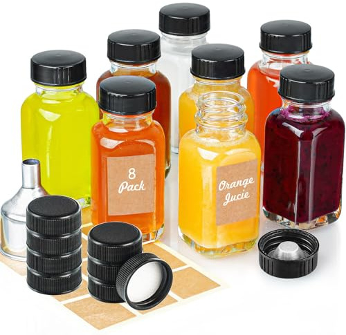 Syntic 8 Pack 2 Oz Ginger Shot Bottles with Caps,Wide Mouth Glass | Conical Inner Caps,Funnel & Stickers for Juice Bottles,Wellness Shots Dressings,Beverage Storage & Refrigerator Organization