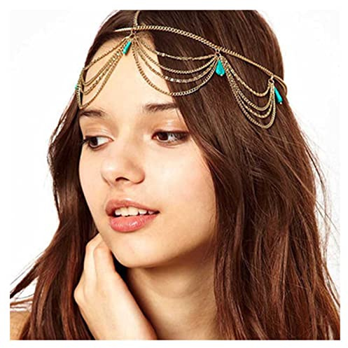 Inilbran Boho Layered Gold Turquoise Head Chain Gypsy Turquoise Hair Chain Headband Blue Gemstone Stone Headdress Festival Wedding Headpieces Accessory