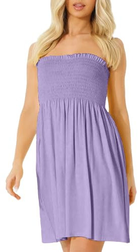 NetSetUK Women's Strapless Sheering Boob Tube Gather Oversized Plus Size Elasticated Bust Bandeau Plain Beach Summer Sleeveless Top Mini Dress for Ladies 8-22 Violet