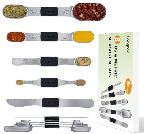 longzon Stainless Steel Magnetic Measuring Spoons Set – 8 Full-Sized Measurements Stackable Metal Spoons with Strong Magnets & Leveler – Fits Most Spice Jars for Baking & Cooking
