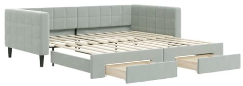 vidaXL Tagesbett, Ausziehbar Schlafsofa mit Schubladen Matratzen, Bettsofa Gästebett für Schlafzimmer Wohnzimmer, Sofa Bett Ausziehbett, Hellgrau 100x200 cm Samt