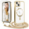 Ethanger Handyband für iPhone 13 iPhone 14 mit Band + 2 Stück Glas Schutzfolie Transparent Silikon Handyhülle Magnetische Schutzhülle zum Kordel für iPhone 13/14 Gold