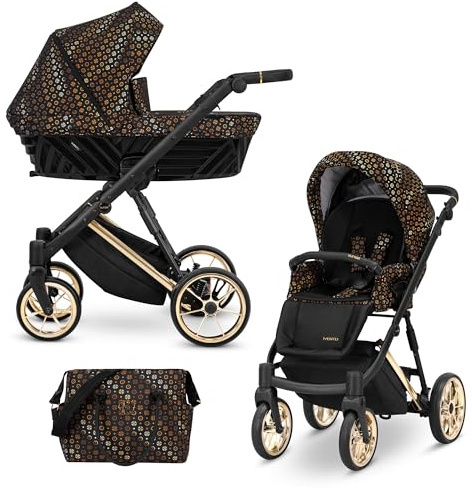 Kunert® IVENTO 2 in 1 Kinderwagen Kombikinderwagen komplettset I incl. Babywanne & Auto-Babyschale mit Wickeltasche/Regenschutz +Fußsack I IVE 02 BLACK STYLE/GOLD FRAME