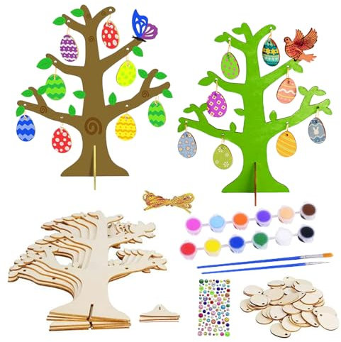 Ostereierbaum Bastelset, 6 Sets Ostern Basteln Kinder, Ostereier zum Bemalen, Osterbaum Holzschmuck zum Basteln, Osterdeko zum Aufhängen für Ostern Frühling Mädchen Junge