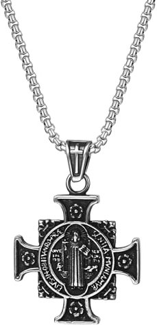 JewelryWe Benedikt Kreuz Kette Herren: Silber Edelstahl Heiliger Christophorus Erzengel Michael Schutzpatron Eisernes Kreuz Anhänger Retro St. Benedikt Halskette Religiöse Christliche Amulett Schmuck